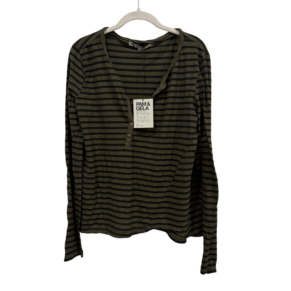Pam & Gela Mens Olive Black Striped Long Sleeve Henley Tee TS8310 Size M NEW